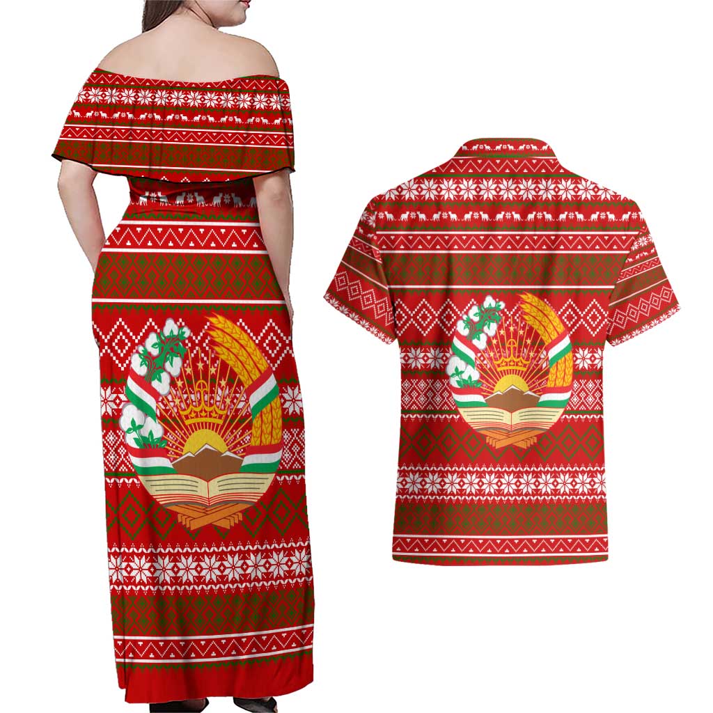 Tajikistan Christmas Couples Matching Off Shoulder Maxi Dress and Hawaiian Shirt with Santa Riding Snow Leopard National Emblem and Red Holiday Pattern - Wonder Print Shop
