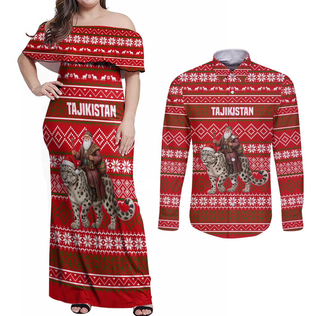 Tajikistan Christmas Couples Matching Off Shoulder Maxi Dress and Long Sleeve Button Shirt with Santa Riding Snow Leopard National Emblem and Red Holiday Pattern - Wonder Print Shop