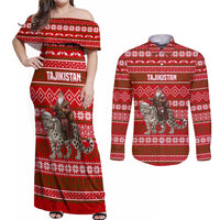 Tajikistan Christmas Couples Matching Off Shoulder Maxi Dress and Long Sleeve Button Shirt with Santa Riding Snow Leopard National Emblem and Red Holiday Pattern - Wonder Print Shop