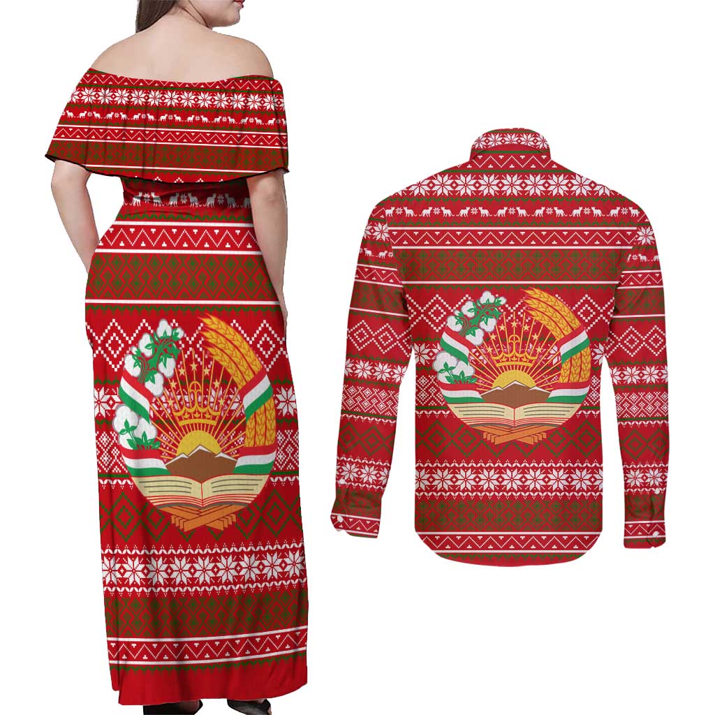 Tajikistan Christmas Couples Matching Off Shoulder Maxi Dress and Long Sleeve Button Shirt with Santa Riding Snow Leopard National Emblem and Red Holiday Pattern - Wonder Print Shop