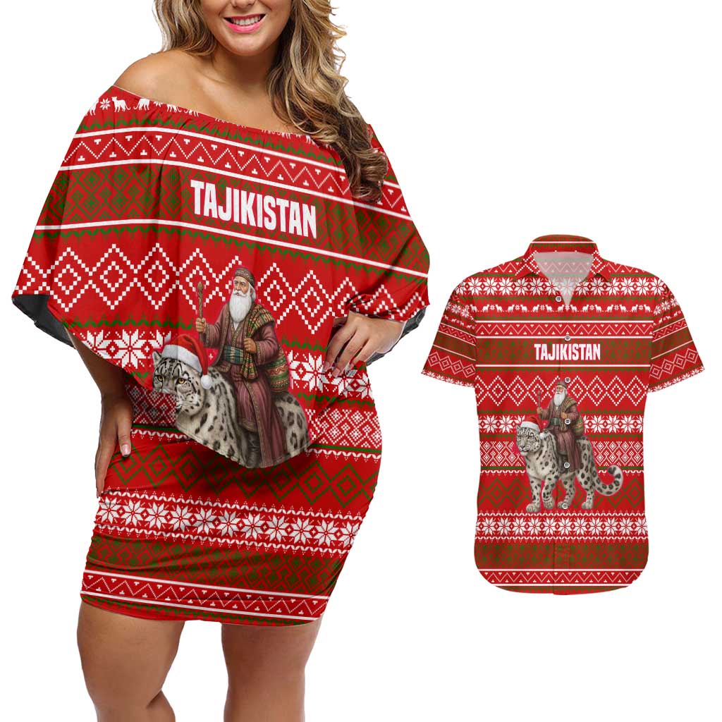 Tajikistan Christmas Couples Matching Off Shoulder Short Dress and Hawaiian Shirt with Santa Riding Snow Leopard National Emblem and Red Holiday Pattern - Wonder Print Shop