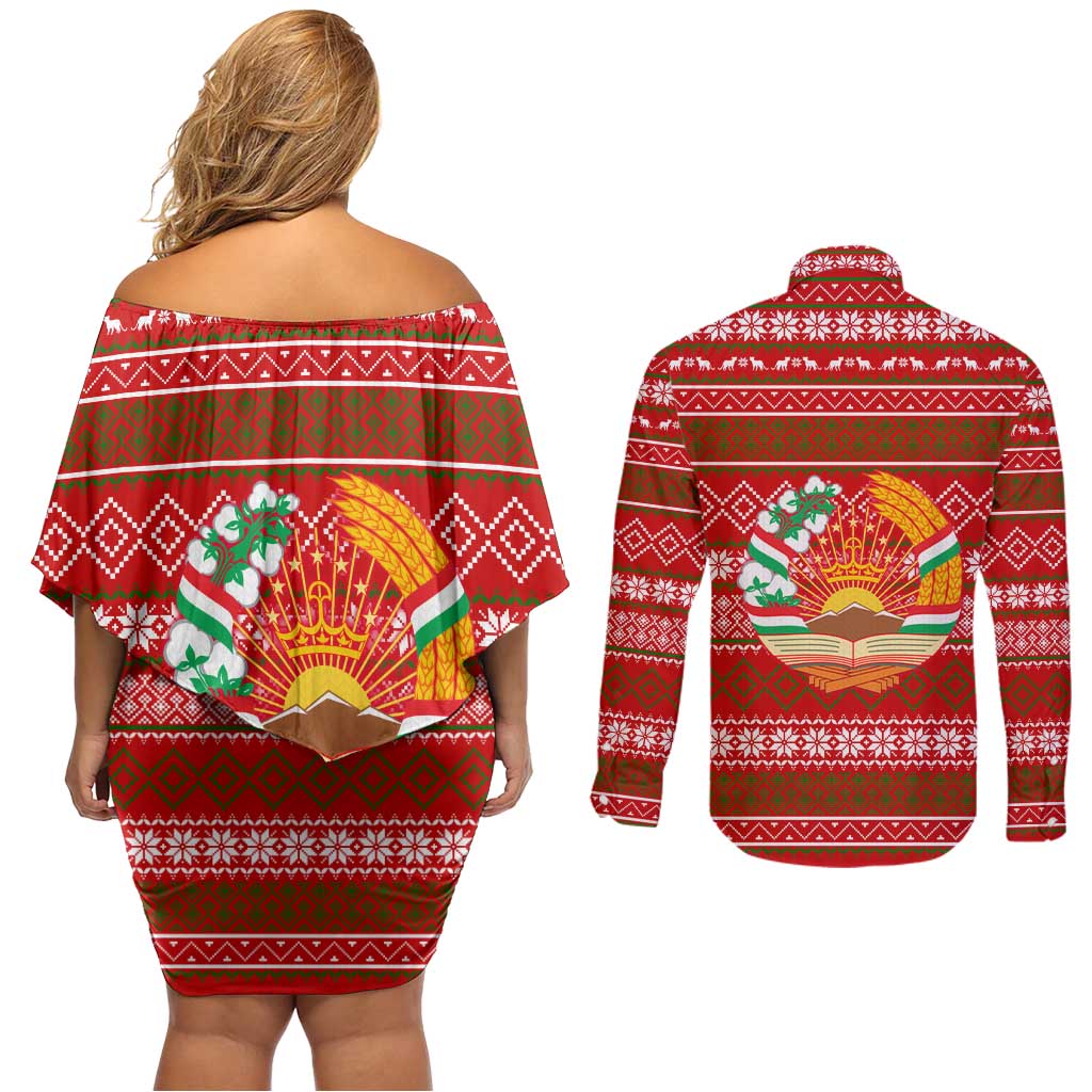 Tajikistan Christmas Couples Matching Off Shoulder Short Dress and Long Sleeve Button Shirt with Santa Riding Snow Leopard National Emblem and Red Holiday Pattern - Wonder Print Shop