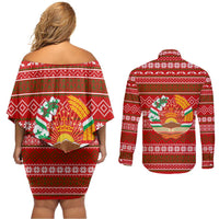 Tajikistan Christmas Couples Matching Off Shoulder Short Dress and Long Sleeve Button Shirt with Santa Riding Snow Leopard National Emblem and Red Holiday Pattern - Wonder Print Shop