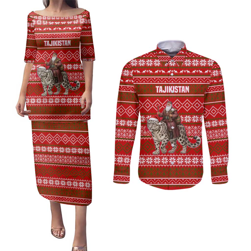Tajikistan Christmas Couples Matching Puletasi and Long Sleeve Button Shirt with Santa Riding Snow Leopard National Emblem and Red Holiday Pattern - Wonder Print Shop