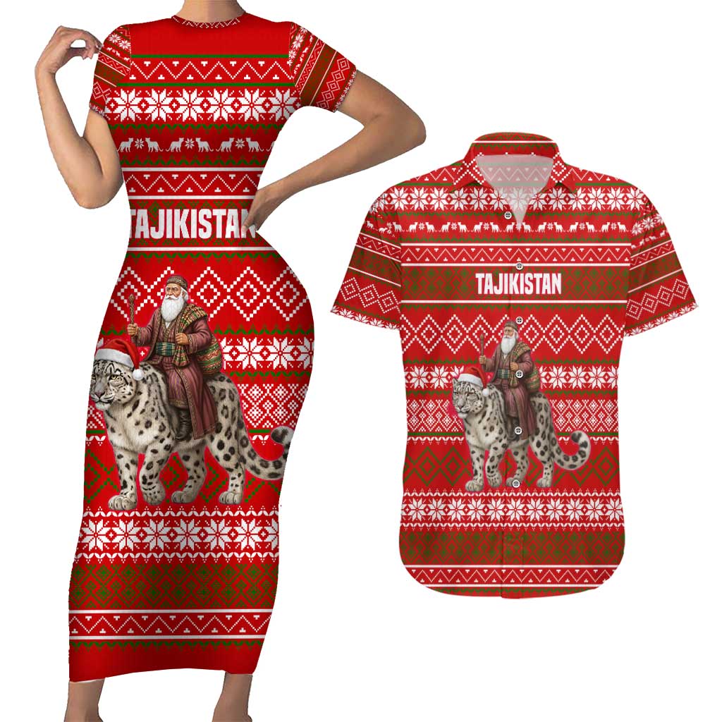 Tajikistan Christmas Couples Matching Short Sleeve Bodycon Dress and Hawaiian Shirt with Santa Riding Snow Leopard National Emblem and Red Holiday Pattern - Wonder Print Shop