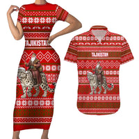 Tajikistan Christmas Couples Matching Short Sleeve Bodycon Dress and Hawaiian Shirt with Santa Riding Snow Leopard National Emblem and Red Holiday Pattern - Wonder Print Shop