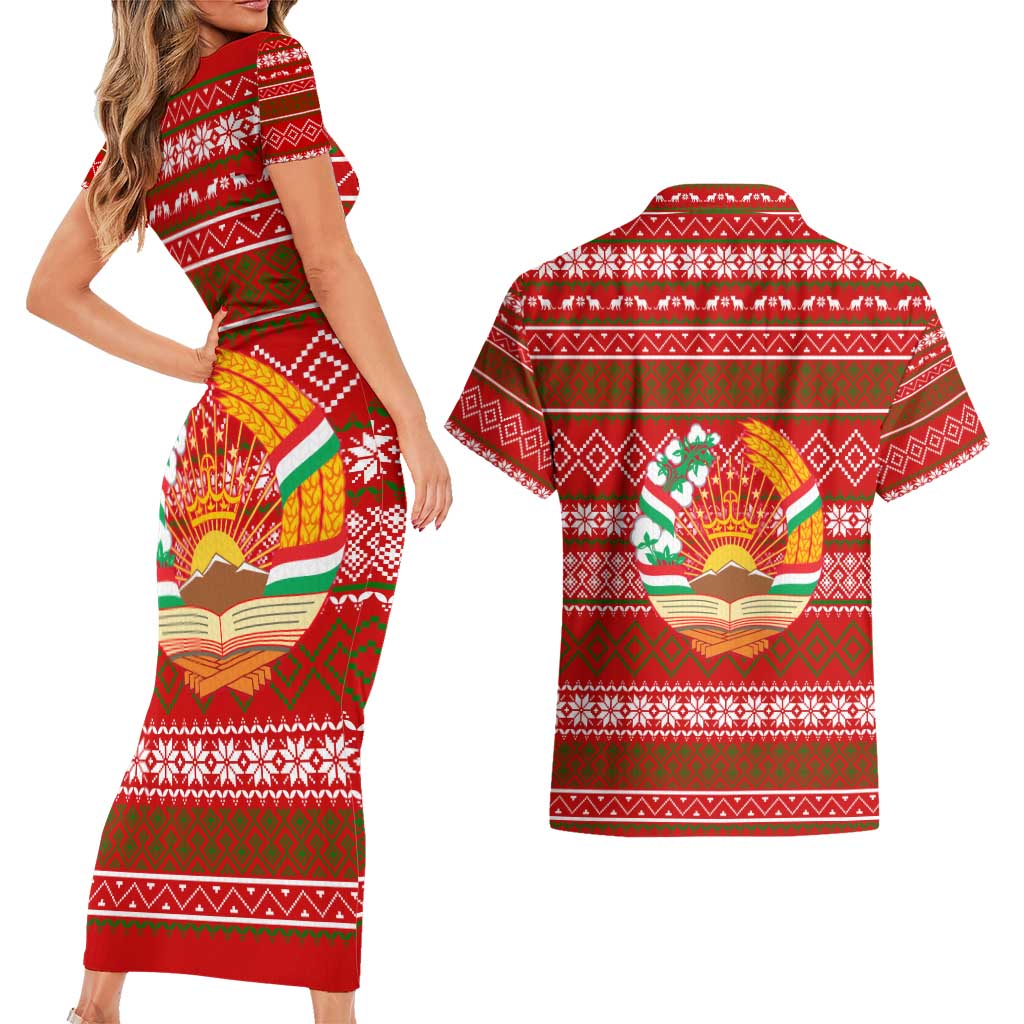Tajikistan Christmas Couples Matching Short Sleeve Bodycon Dress and Hawaiian Shirt with Santa Riding Snow Leopard National Emblem and Red Holiday Pattern - Wonder Print Shop