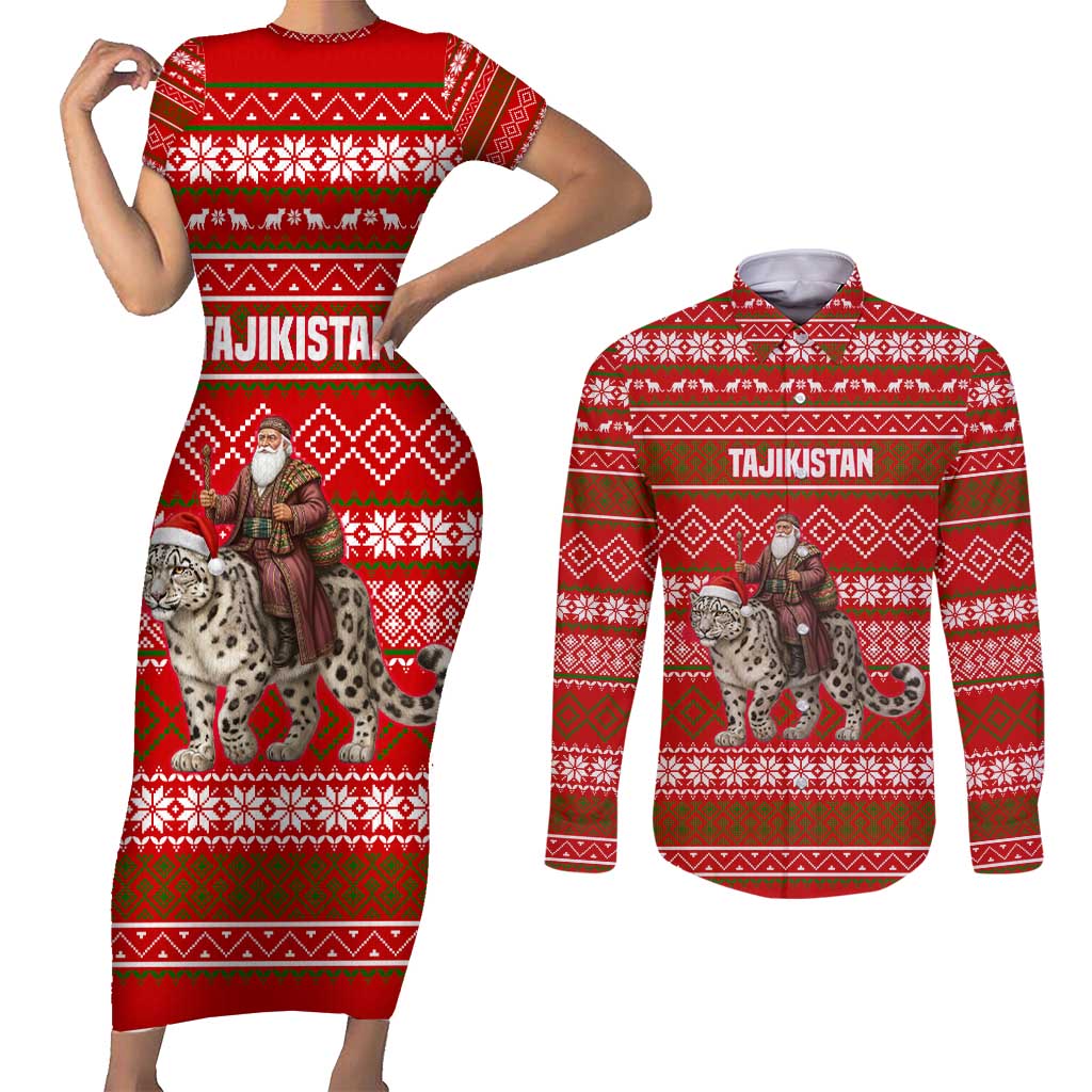 Tajikistan Christmas Couples Matching Short Sleeve Bodycon Dress and Long Sleeve Button Shirt with Santa Riding Snow Leopard National Emblem and Red Holiday Pattern - Wonder Print Shop