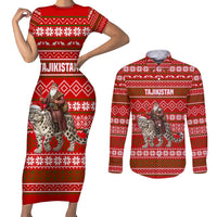 Tajikistan Christmas Couples Matching Short Sleeve Bodycon Dress and Long Sleeve Button Shirt with Santa Riding Snow Leopard National Emblem and Red Holiday Pattern - Wonder Print Shop