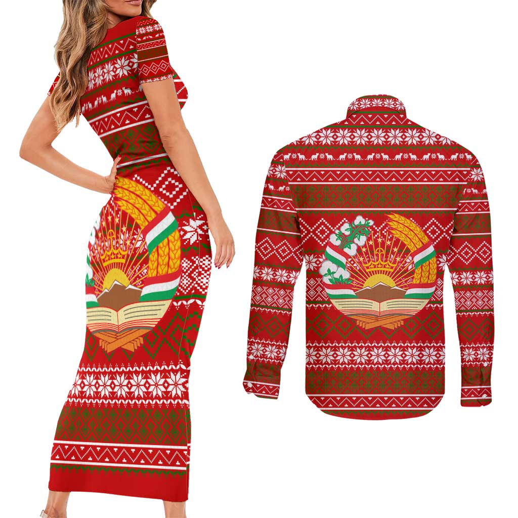 Tajikistan Christmas Couples Matching Short Sleeve Bodycon Dress and Long Sleeve Button Shirt with Santa Riding Snow Leopard National Emblem and Red Holiday Pattern - Wonder Print Shop