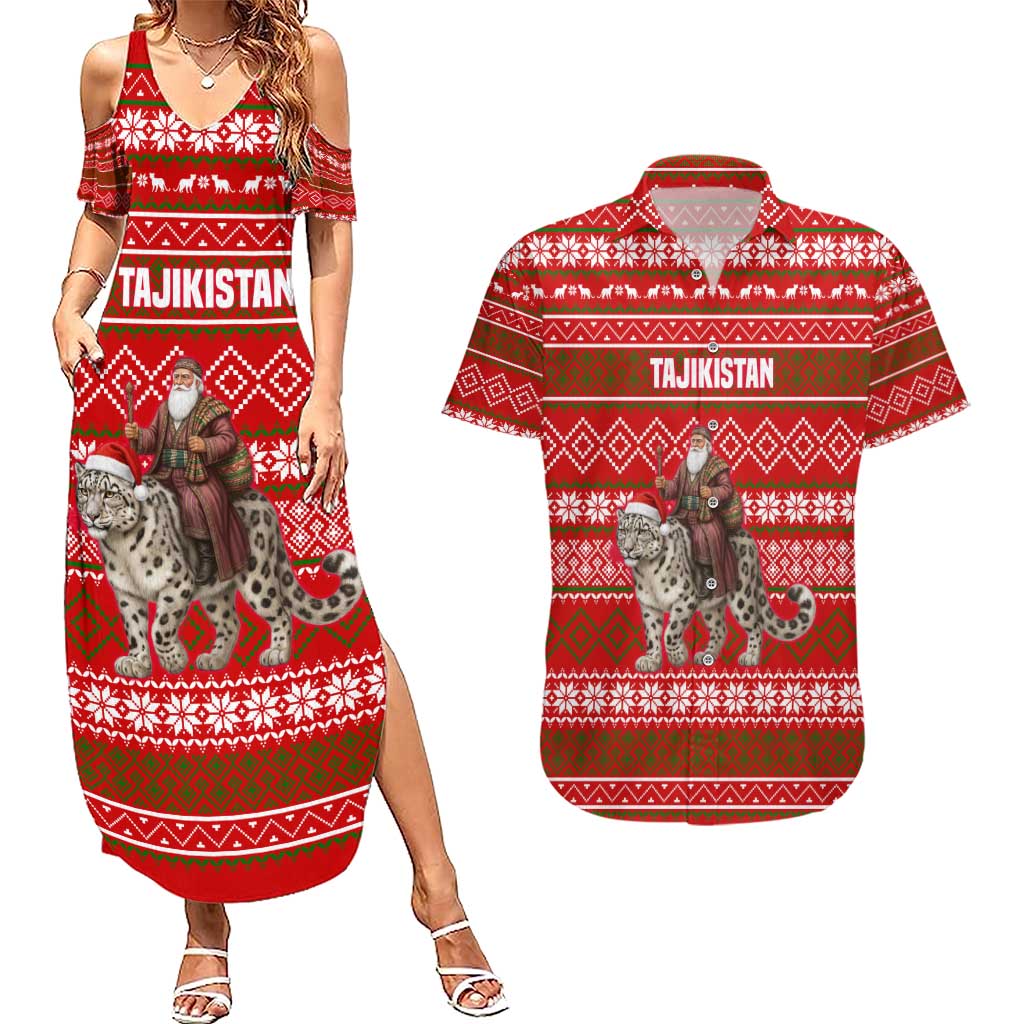 Tajikistan Christmas Couples Matching Summer Maxi Dress and Hawaiian Shirt with Santa Riding Snow Leopard National Emblem and Red Holiday Pattern - Wonder Print Shop