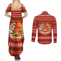 Tajikistan Christmas Couples Matching Summer Maxi Dress and Long Sleeve Button Shirt with Santa Riding Snow Leopard National Emblem and Red Holiday Pattern - Wonder Print Shop