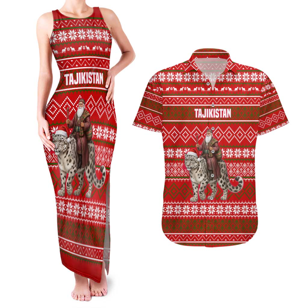Tajikistan Christmas Couples Matching Tank Maxi Dress and Hawaiian Shirt with Santa Riding Snow Leopard National Emblem and Red Holiday Pattern - Wonder Print Shop