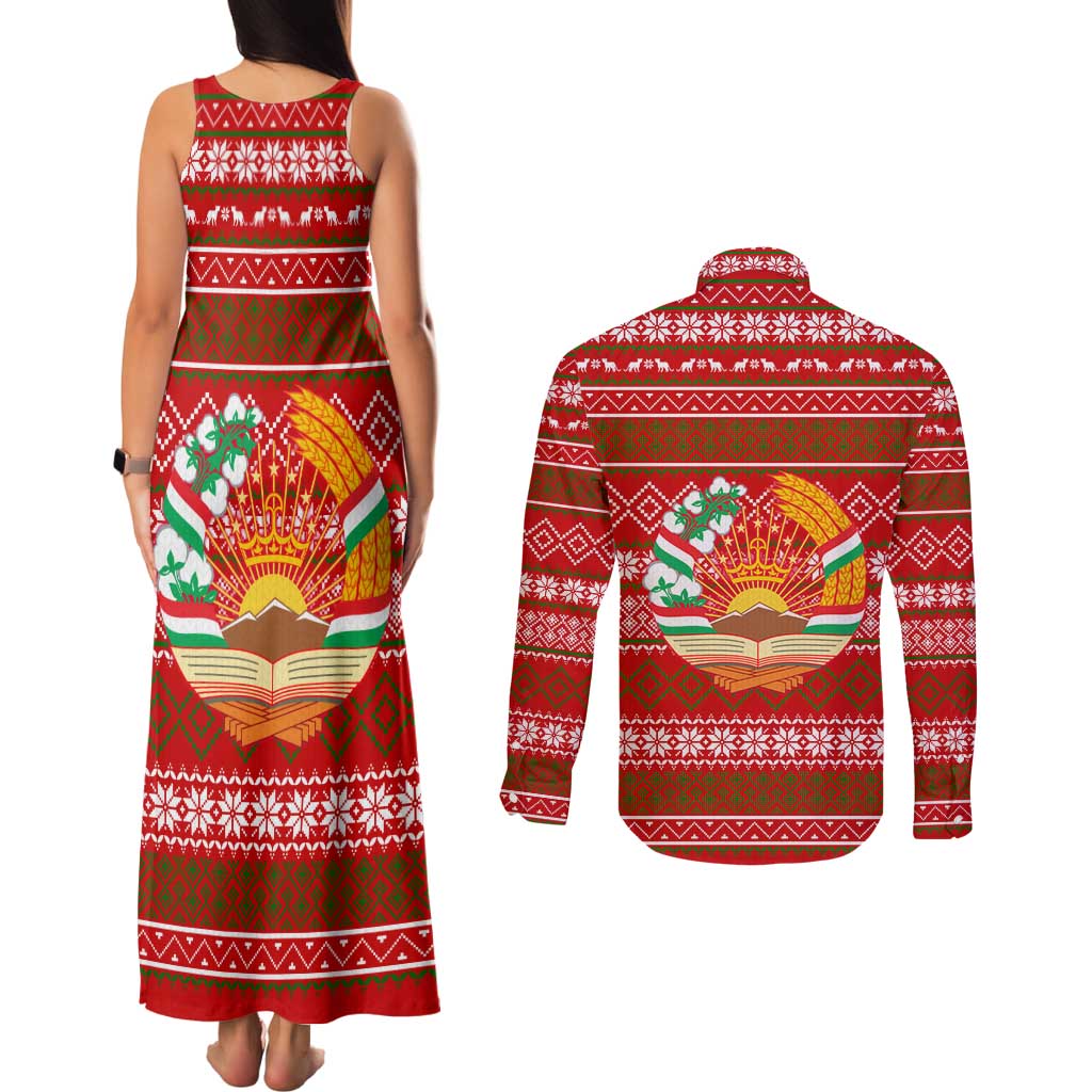 Tajikistan Christmas Couples Matching Tank Maxi Dress and Long Sleeve Button Shirt with Santa Riding Snow Leopard National Emblem and Red Holiday Pattern - Wonder Print Shop