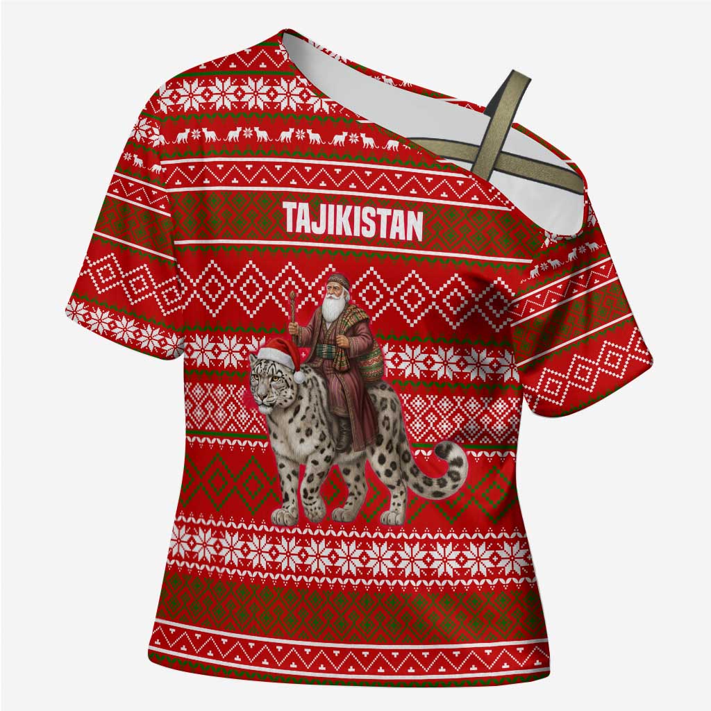 Tajikistan Christmas Cross Shoulder Shirt with Santa Riding Snow Leopard National Emblem and Red Holiday Pattern - Wonder Print Shop