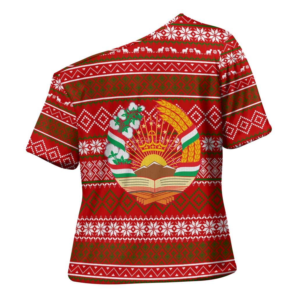 Tajikistan Christmas Cross Shoulder Shirt with Santa Riding Snow Leopard National Emblem and Red Holiday Pattern - Wonder Print Shop