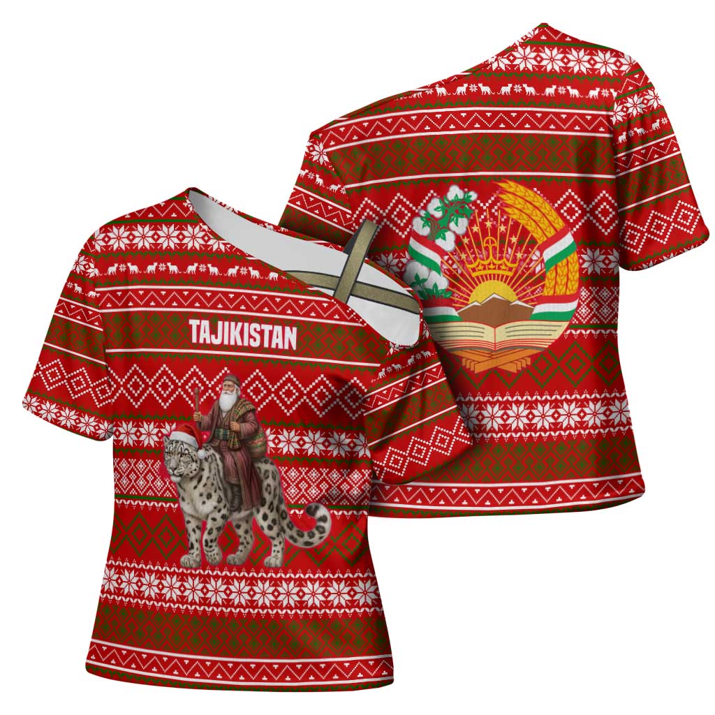 Tajikistan Christmas Cross Shoulder Shirt with Santa Riding Snow Leopard National Emblem and Red Holiday Pattern - Wonder Print Shop