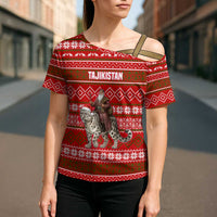 Tajikistan Christmas Cross Shoulder Shirt with Santa Riding Snow Leopard National Emblem and Red Holiday Pattern - Wonder Print Shop