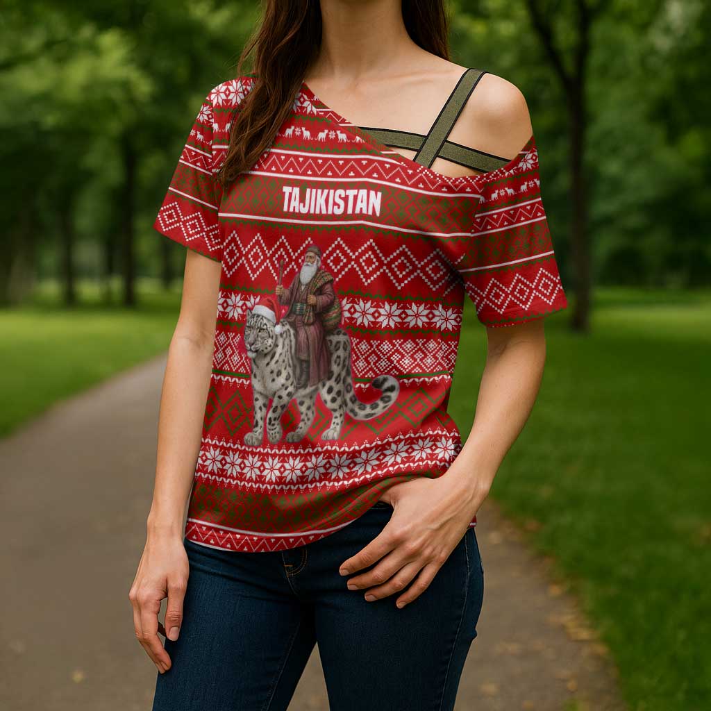 Tajikistan Christmas Cross Shoulder Shirt with Santa Riding Snow Leopard National Emblem and Red Holiday Pattern - Wonder Print Shop