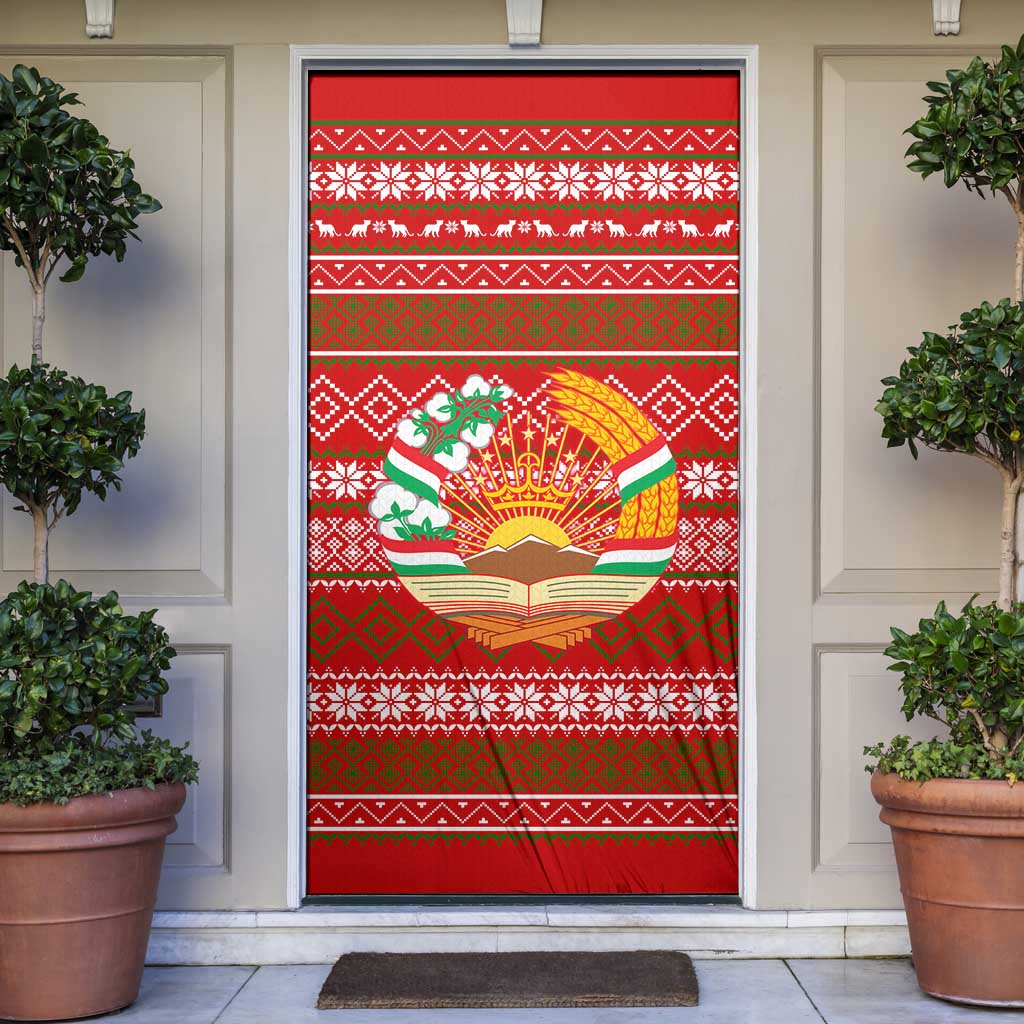 Tajikistan Christmas Door Cover with Santa Riding Snow Leopard National Emblem and Red Holiday Pattern - Wonder Print Shop
