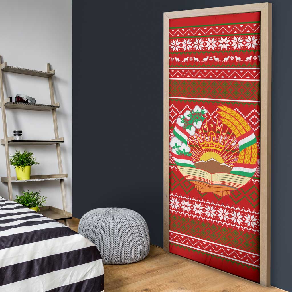 Tajikistan Christmas Door Cover with Santa Riding Snow Leopard National Emblem and Red Holiday Pattern - Wonder Print Shop
