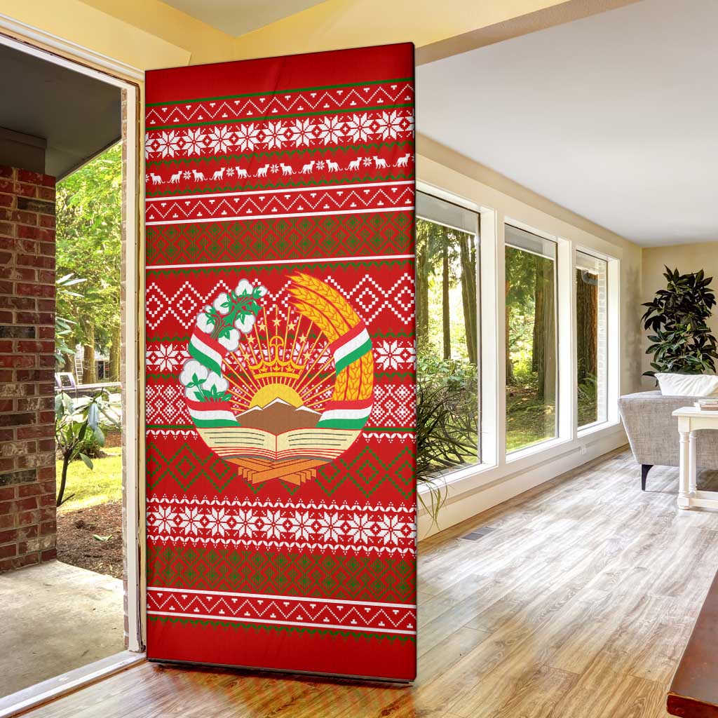 Tajikistan Christmas Door Cover with Santa Riding Snow Leopard National Emblem and Red Holiday Pattern - Wonder Print Shop