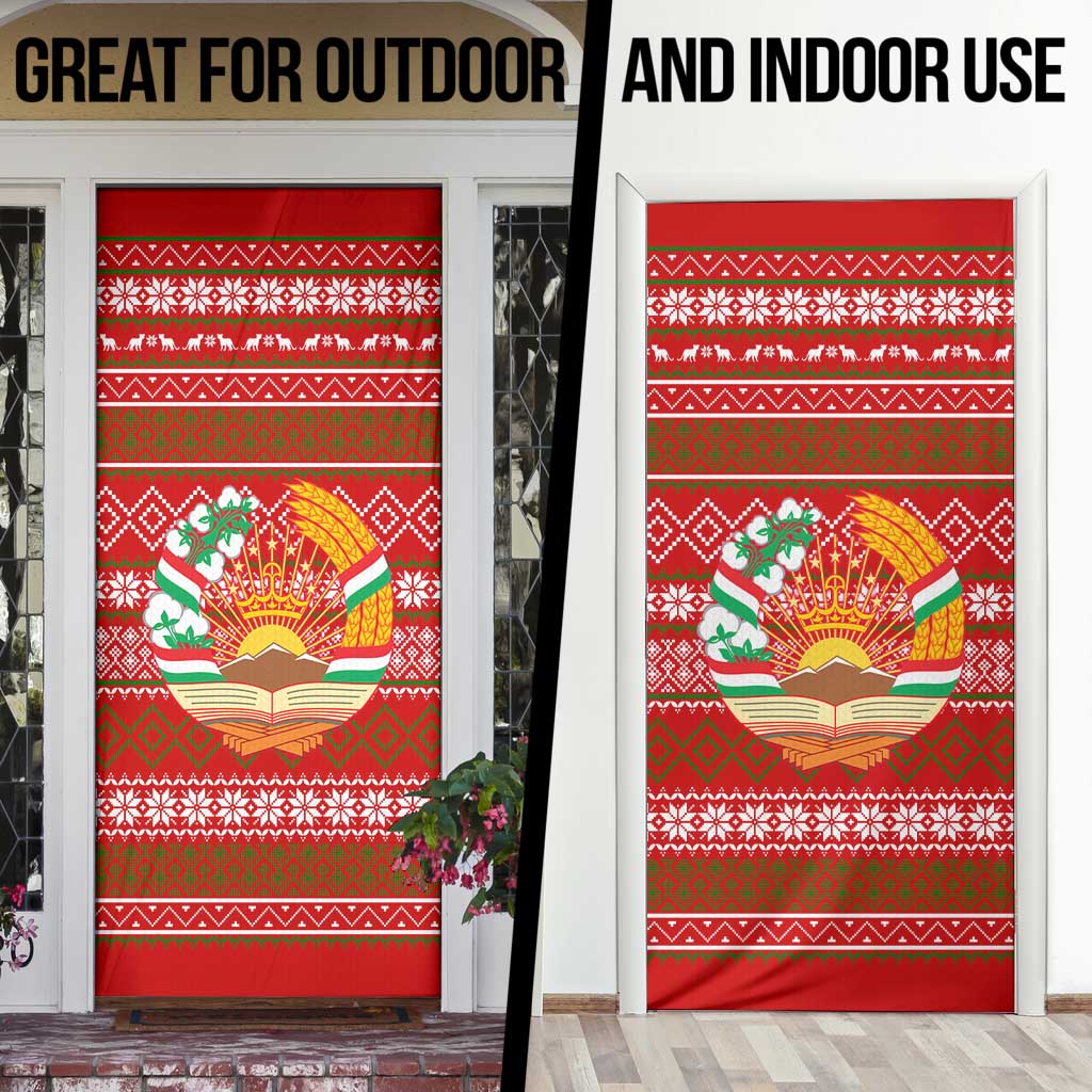 Tajikistan Christmas Door Cover with Santa Riding Snow Leopard National Emblem and Red Holiday Pattern - Wonder Print Shop