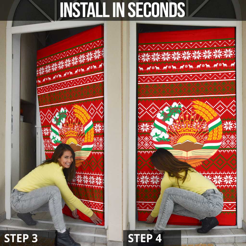 Tajikistan Christmas Door Cover with Santa Riding Snow Leopard National Emblem and Red Holiday Pattern - Wonder Print Shop