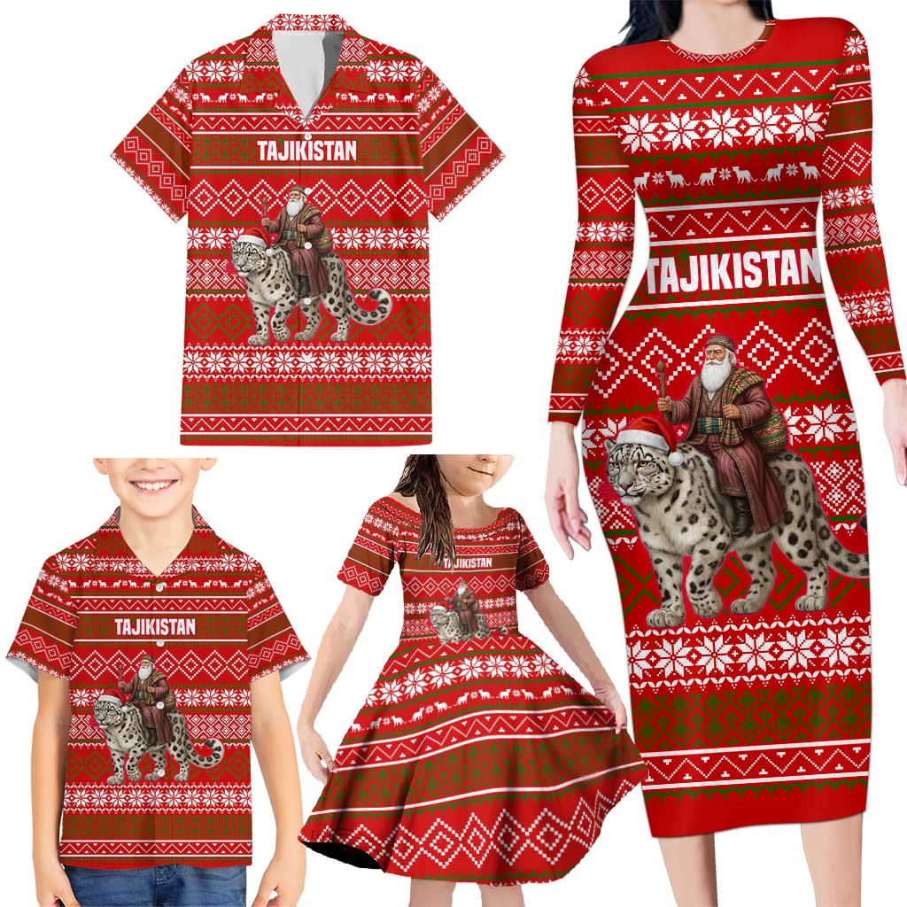 Tajikistan Christmas Family Matching Long Sleeve Bodycon Dress and Hawaiian Shirt with Santa Riding Snow Leopard National Emblem and Red Holiday Pattern - Wonder Print Shop
