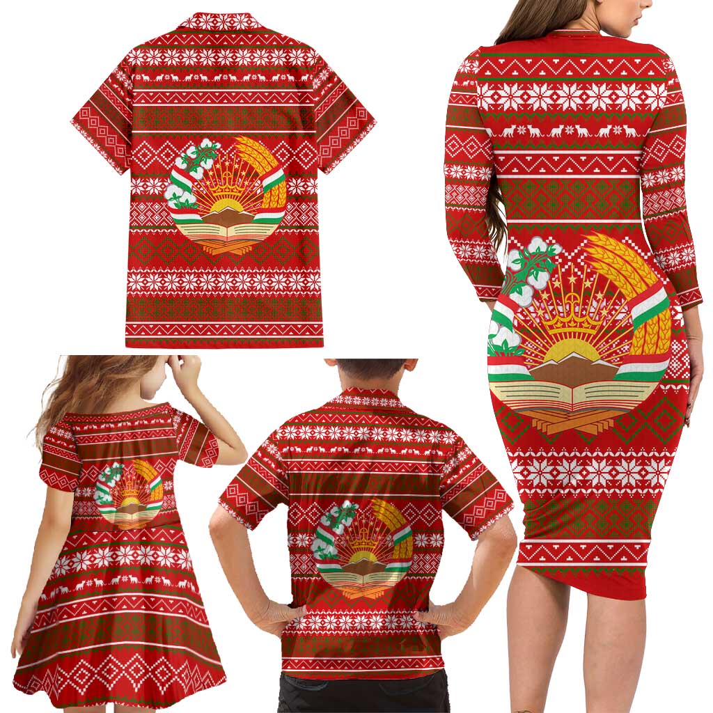 Tajikistan Christmas Family Matching Long Sleeve Bodycon Dress and Hawaiian Shirt with Santa Riding Snow Leopard National Emblem and Red Holiday Pattern - Wonder Print Shop