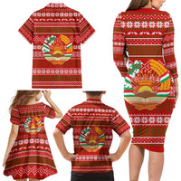 Tajikistan Christmas Family Matching Long Sleeve Bodycon Dress and Hawaiian Shirt with Santa Riding Snow Leopard National Emblem and Red Holiday Pattern - Wonder Print Shop