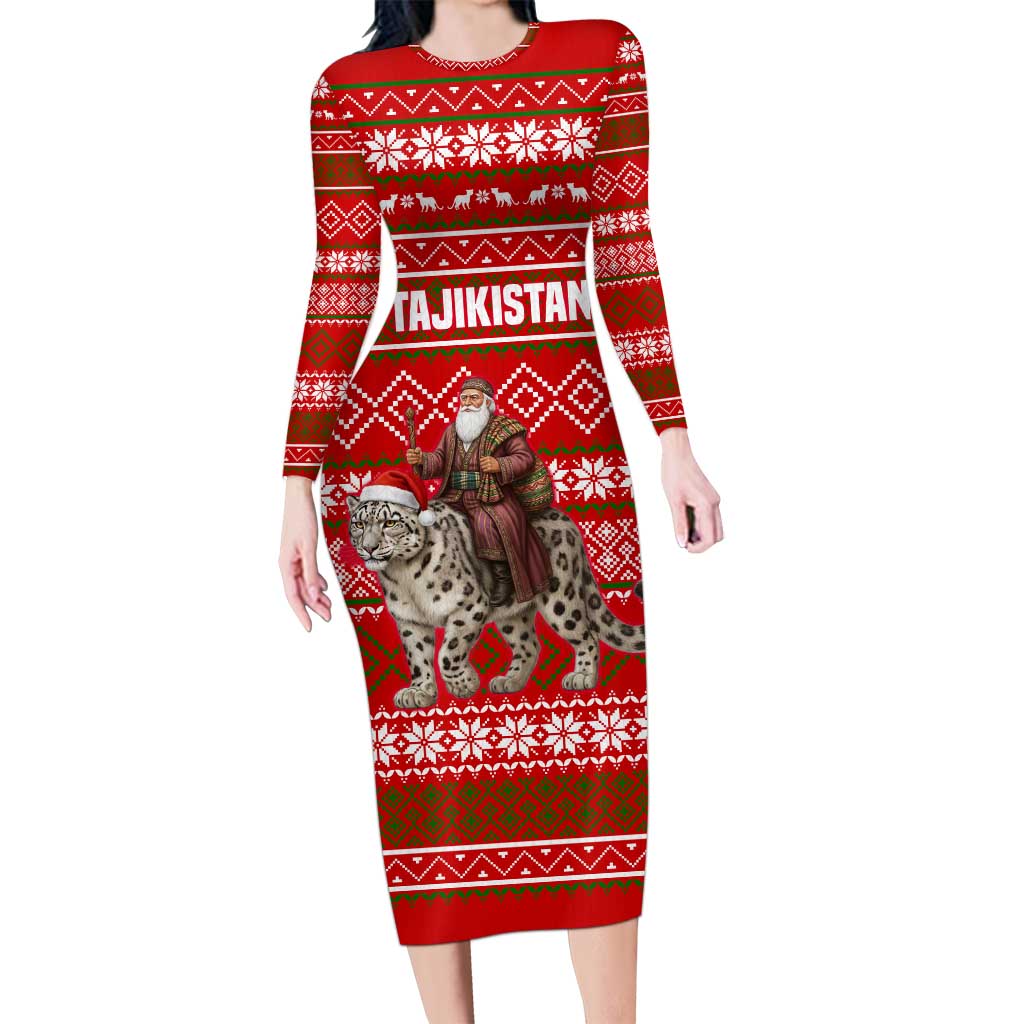 Tajikistan Christmas Family Matching Long Sleeve Bodycon Dress and Hawaiian Shirt with Santa Riding Snow Leopard National Emblem and Red Holiday Pattern - Wonder Print Shop