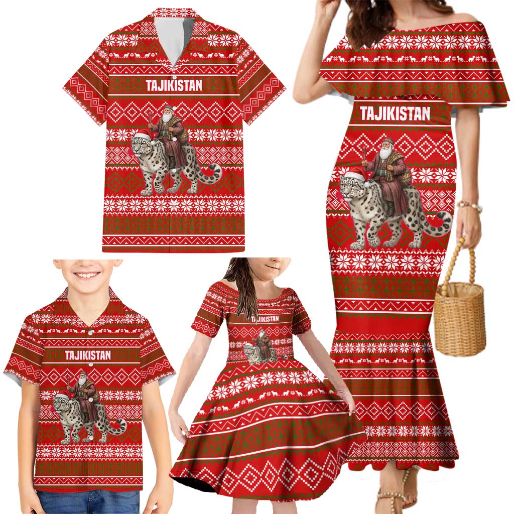 Tajikistan Christmas Family Matching Mermaid Dress and Hawaiian Shirt with Santa Riding Snow Leopard National Emblem and Red Holiday Pattern - Wonder Print Shop