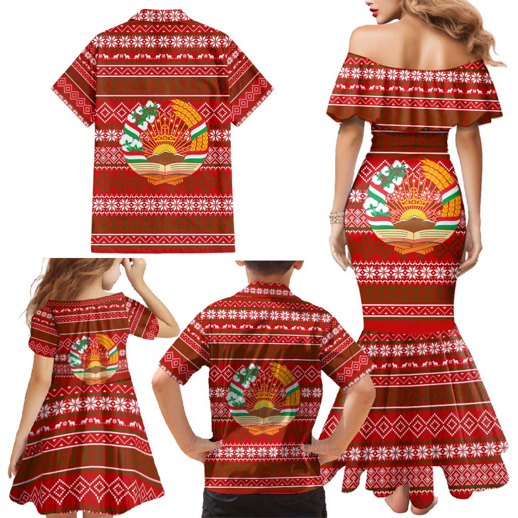 Tajikistan Christmas Family Matching Mermaid Dress and Hawaiian Shirt with Santa Riding Snow Leopard National Emblem and Red Holiday Pattern - Wonder Print Shop