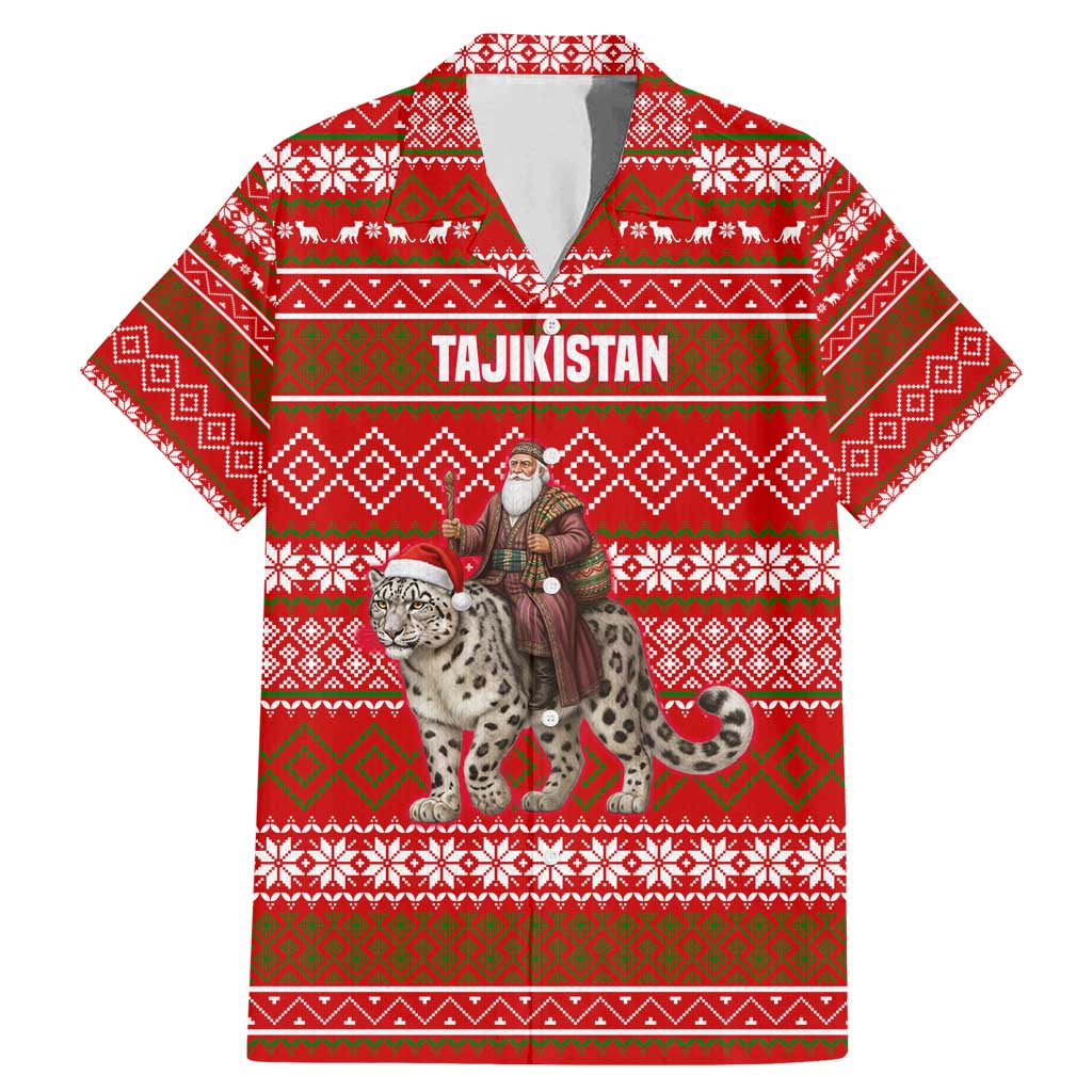 Tajikistan Christmas Family Matching Mermaid Dress and Hawaiian Shirt with Santa Riding Snow Leopard National Emblem and Red Holiday Pattern - Wonder Print Shop