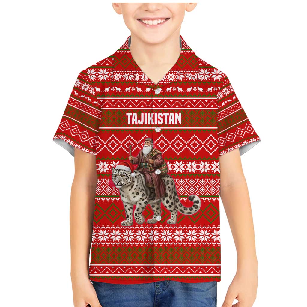 Tajikistan Christmas Family Matching Mermaid Dress and Hawaiian Shirt with Santa Riding Snow Leopard National Emblem and Red Holiday Pattern - Wonder Print Shop