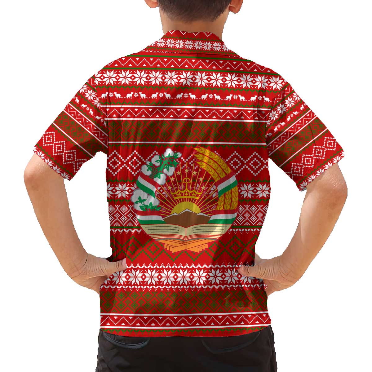 Tajikistan Christmas Family Matching Off The Shoulder Long Sleeve Dress and Hawaiian Shirt with Santa Riding Snow Leopard National Emblem and Red Holiday Pattern - Wonder Print Shop