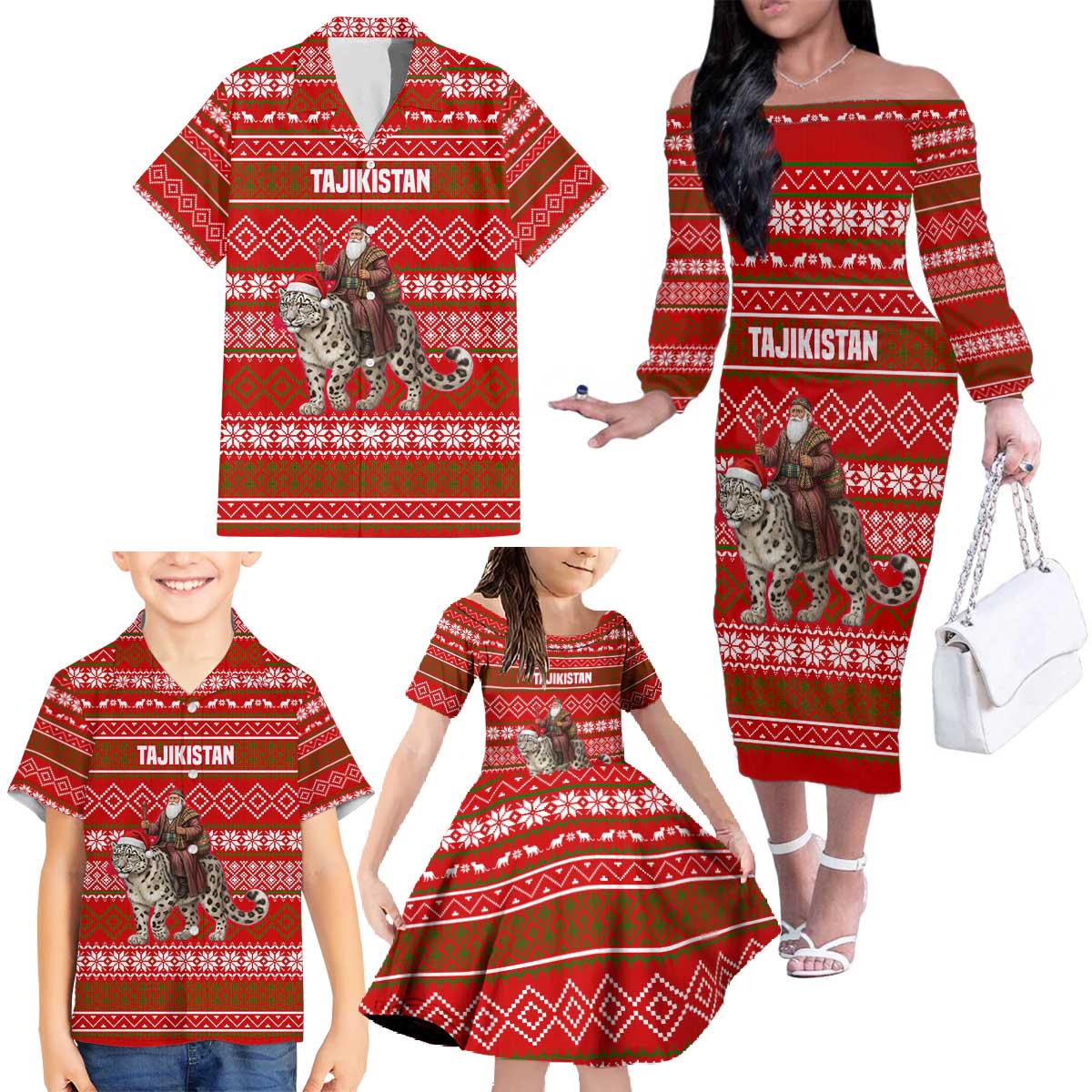 Tajikistan Christmas Family Matching Off The Shoulder Long Sleeve Dress and Hawaiian Shirt with Santa Riding Snow Leopard National Emblem and Red Holiday Pattern - Wonder Print Shop