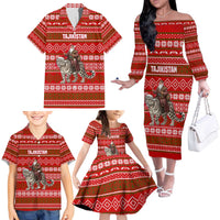 Tajikistan Christmas Family Matching Off The Shoulder Long Sleeve Dress and Hawaiian Shirt with Santa Riding Snow Leopard National Emblem and Red Holiday Pattern - Wonder Print Shop