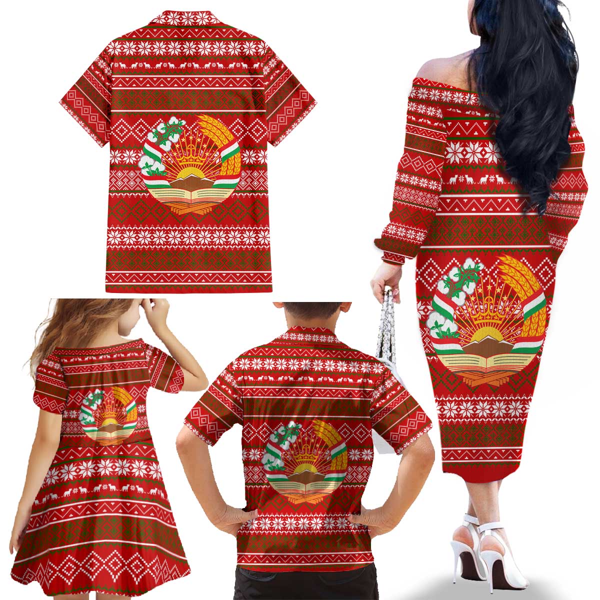 Tajikistan Christmas Family Matching Off The Shoulder Long Sleeve Dress and Hawaiian Shirt with Santa Riding Snow Leopard National Emblem and Red Holiday Pattern - Wonder Print Shop
