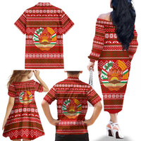 Tajikistan Christmas Family Matching Off The Shoulder Long Sleeve Dress and Hawaiian Shirt with Santa Riding Snow Leopard National Emblem and Red Holiday Pattern - Wonder Print Shop