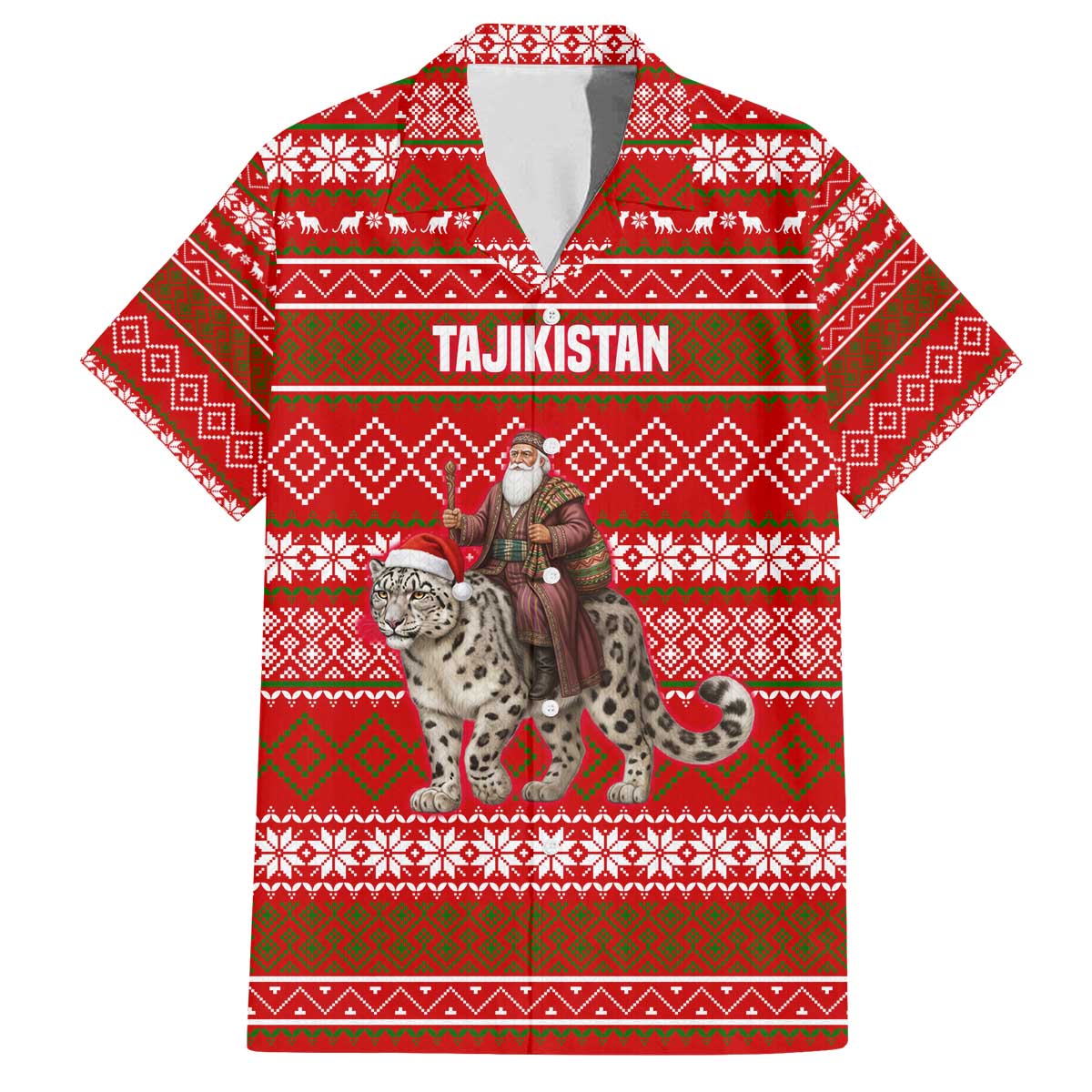 Tajikistan Christmas Family Matching Off The Shoulder Long Sleeve Dress and Hawaiian Shirt with Santa Riding Snow Leopard National Emblem and Red Holiday Pattern - Wonder Print Shop
