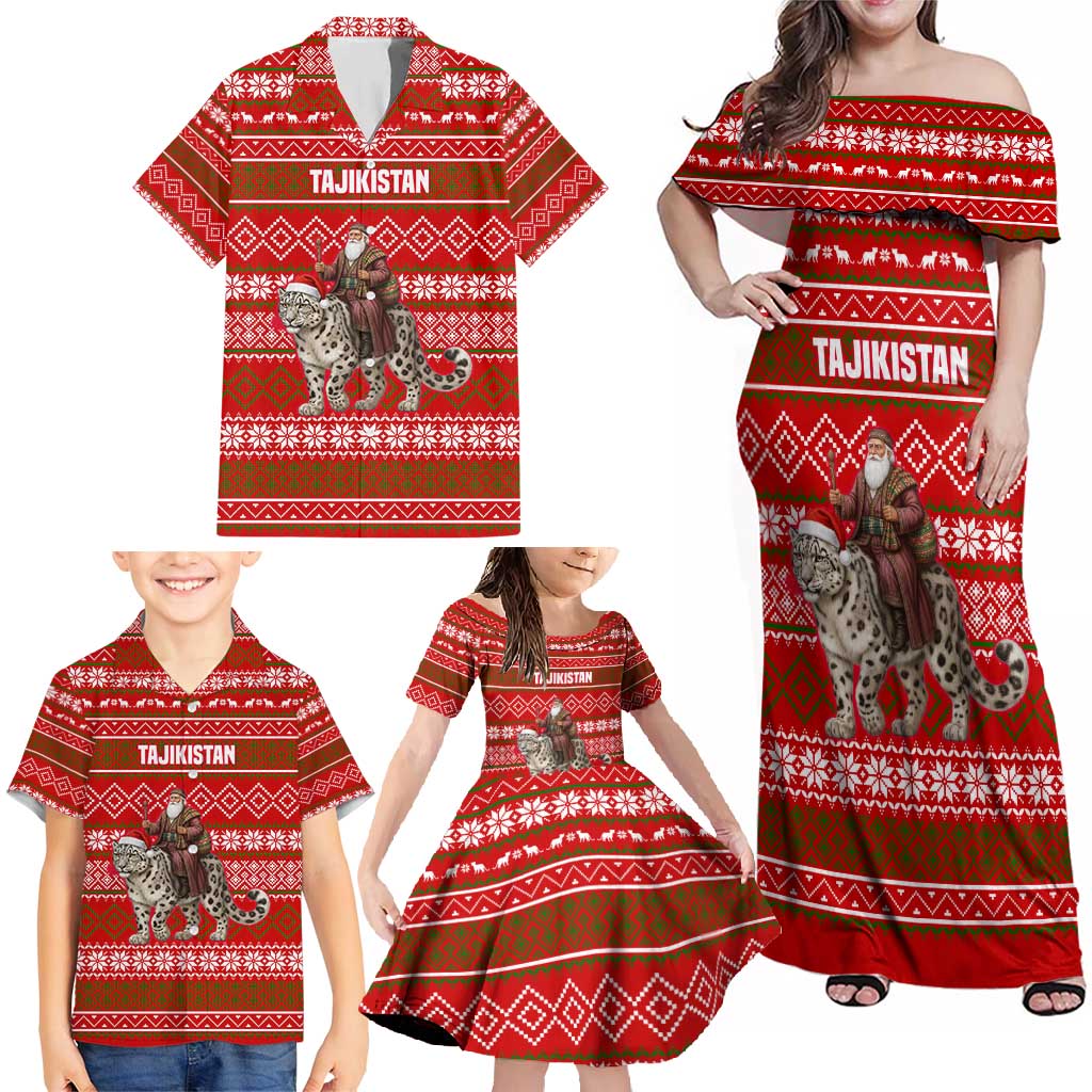 Tajikistan Christmas Family Matching Off Shoulder Maxi Dress and Hawaiian Shirt with Santa Riding Snow Leopard National Emblem and Red Holiday Pattern - Wonder Print Shop
