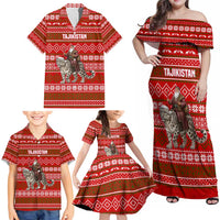 Tajikistan Christmas Family Matching Off Shoulder Maxi Dress and Hawaiian Shirt with Santa Riding Snow Leopard National Emblem and Red Holiday Pattern - Wonder Print Shop