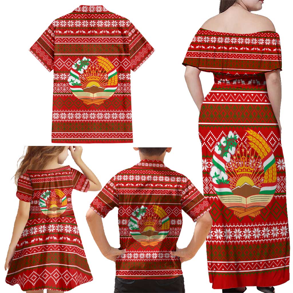 Tajikistan Christmas Family Matching Off Shoulder Maxi Dress and Hawaiian Shirt with Santa Riding Snow Leopard National Emblem and Red Holiday Pattern - Wonder Print Shop