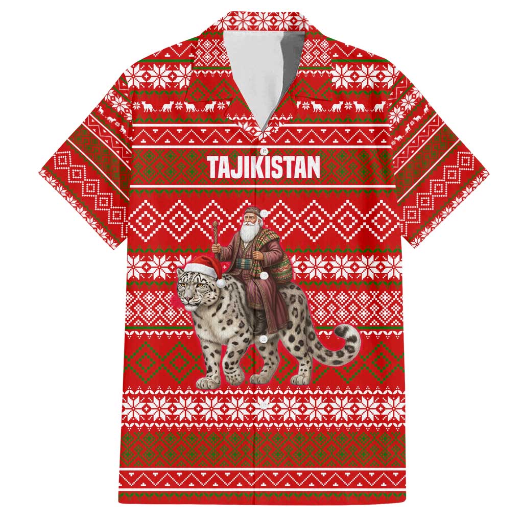Tajikistan Christmas Family Matching Off Shoulder Short Dress and Hawaiian Shirt with Santa Riding Snow Leopard National Emblem and Red Holiday Pattern - Wonder Print Shop