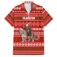 Tajikistan Christmas Family Matching Off Shoulder Short Dress and Hawaiian Shirt with Santa Riding Snow Leopard National Emblem and Red Holiday Pattern - Wonder Print Shop