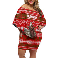 Tajikistan Christmas Family Matching Off Shoulder Short Dress and Hawaiian Shirt with Santa Riding Snow Leopard National Emblem and Red Holiday Pattern - Wonder Print Shop