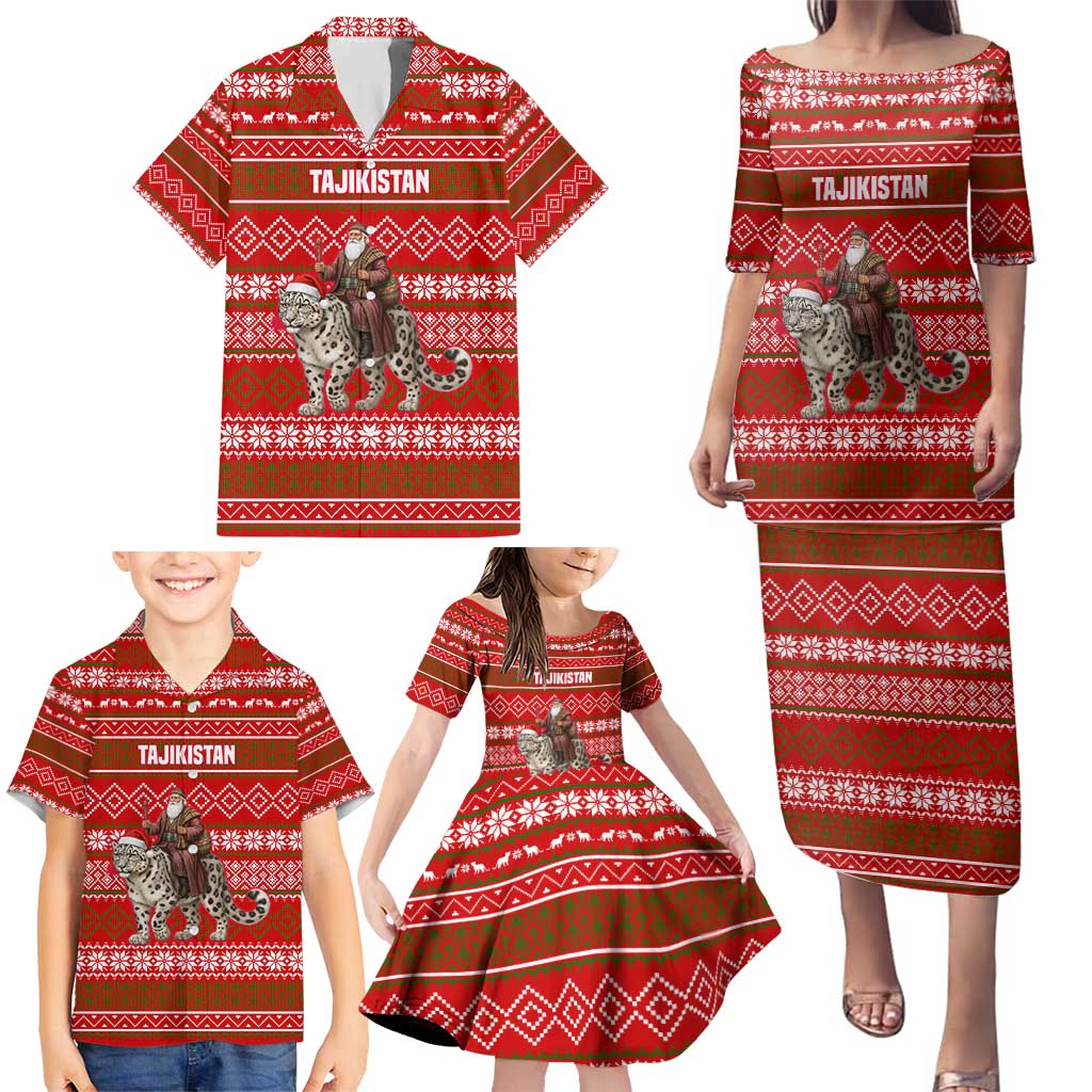 Tajikistan Christmas Family Matching Puletasi and Hawaiian Shirt with Santa Riding Snow Leopard National Emblem and Red Holiday Pattern - Wonder Print Shop