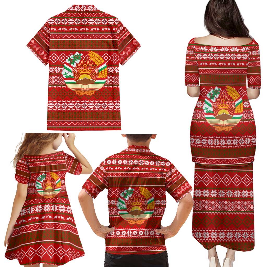 Tajikistan Christmas Family Matching Puletasi and Hawaiian Shirt with Santa Riding Snow Leopard National Emblem and Red Holiday Pattern - Wonder Print Shop